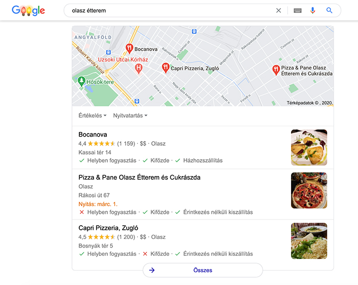"olasz étterem" kulcsszóra találatok a térképes listában