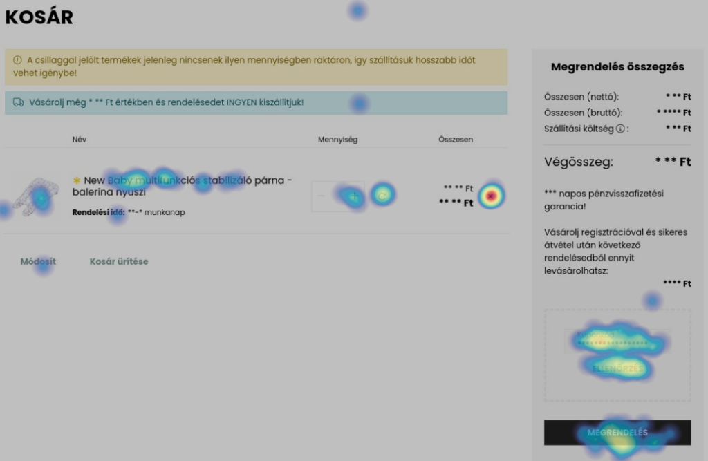 Hotjar hőtérkép egy kosár oldalról konverzió optimalizáláshoz